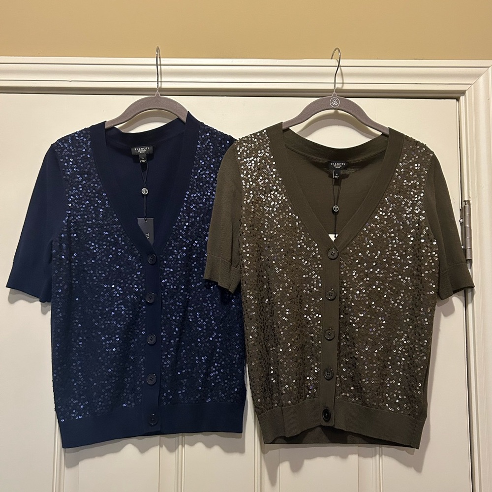 NWT Talbots Petite Short Sleeve Sequined Cardigans Two Sweater Pair !